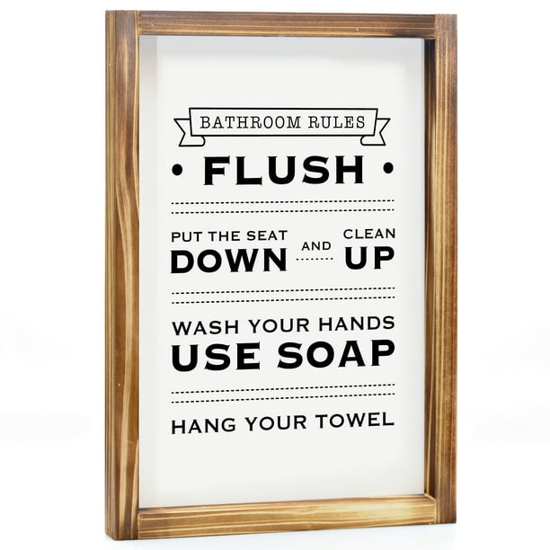 Rustic Style Bathroom Rules Sign Boho Wall Art Western Wall Decor Farmhouse Bathroom Wall Decor Brown & Navy Blue Hanging Wooden Signs Wash Brush Floss Flush Shabby Chic 
